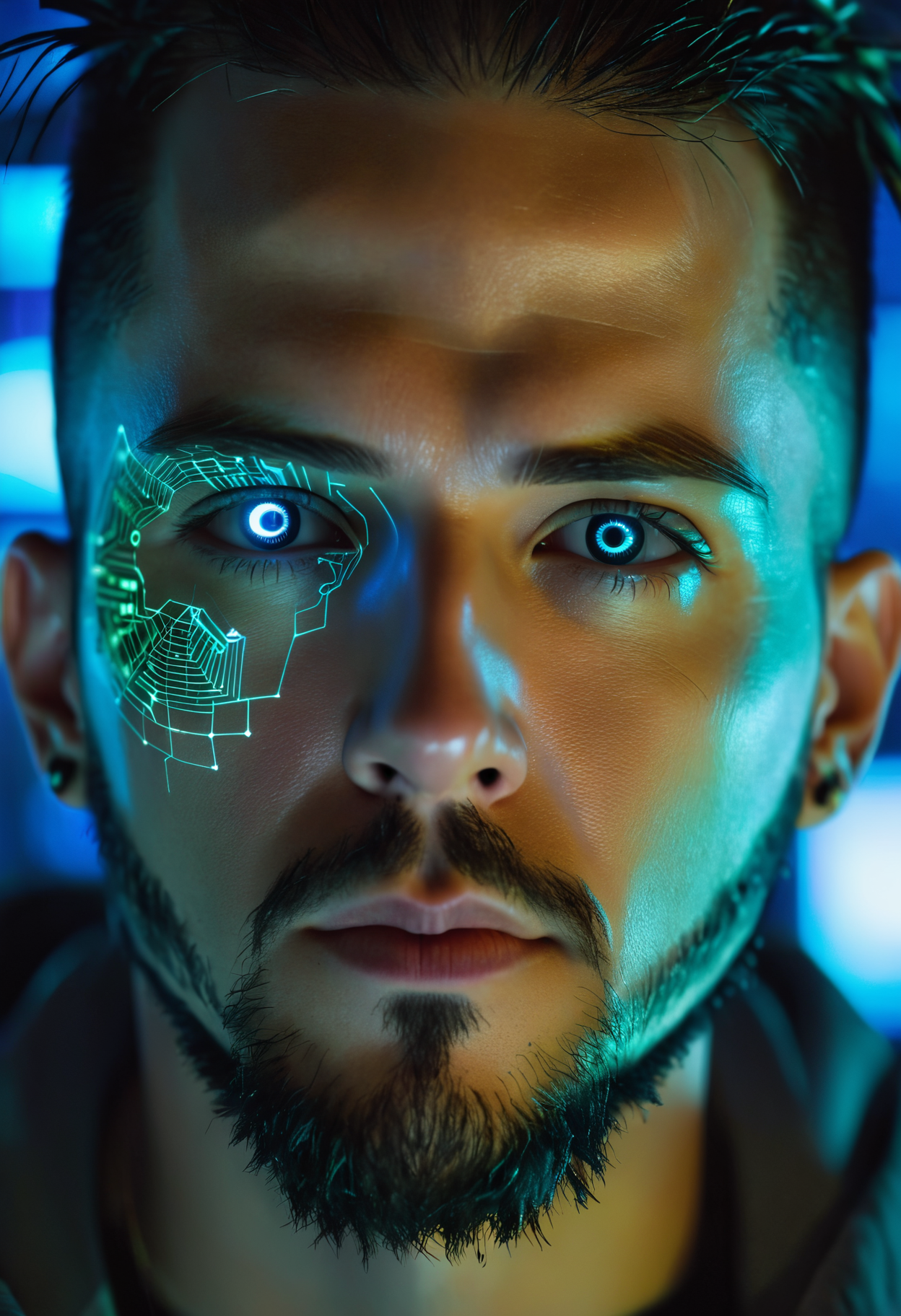 close-up of a cyberpunk hacker's face, revealing …