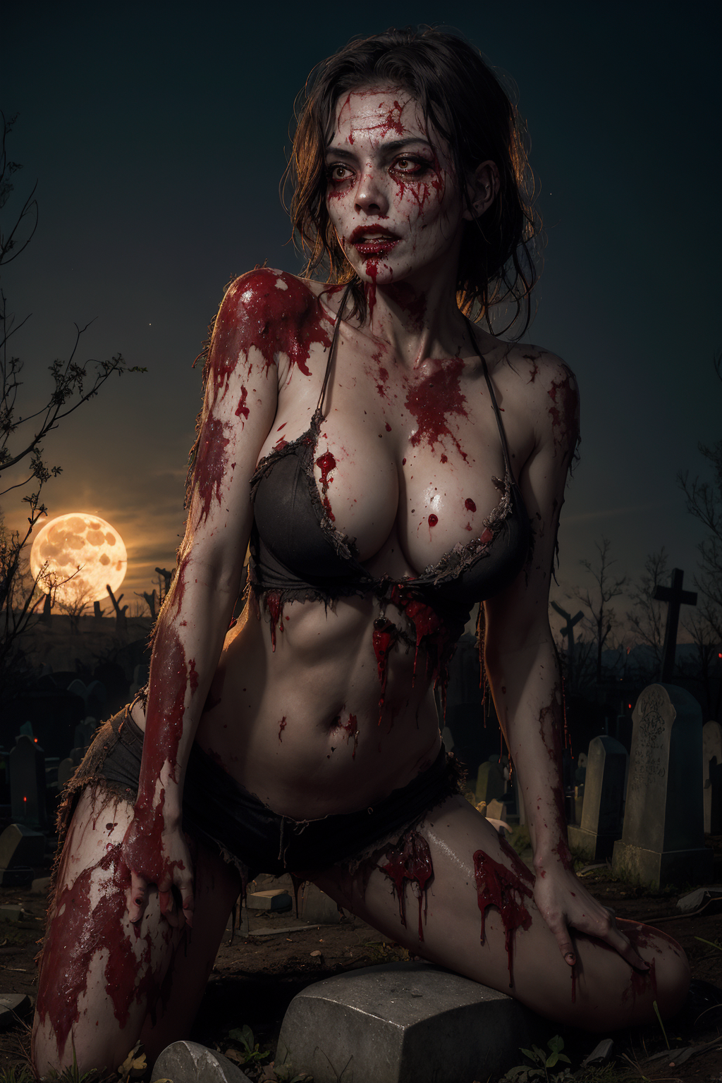 undead sexy woman zombie, skin rotting, torn dirt…