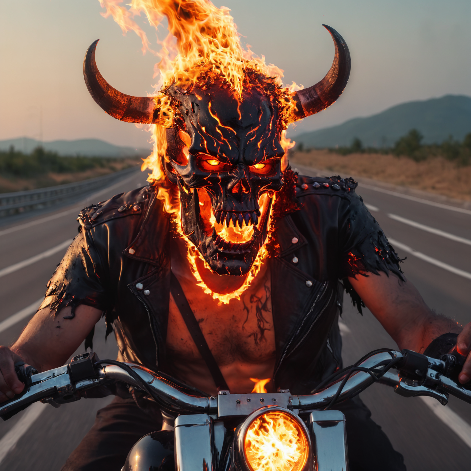 (the devil( with horns:0.7) and (head on fire:1.2…