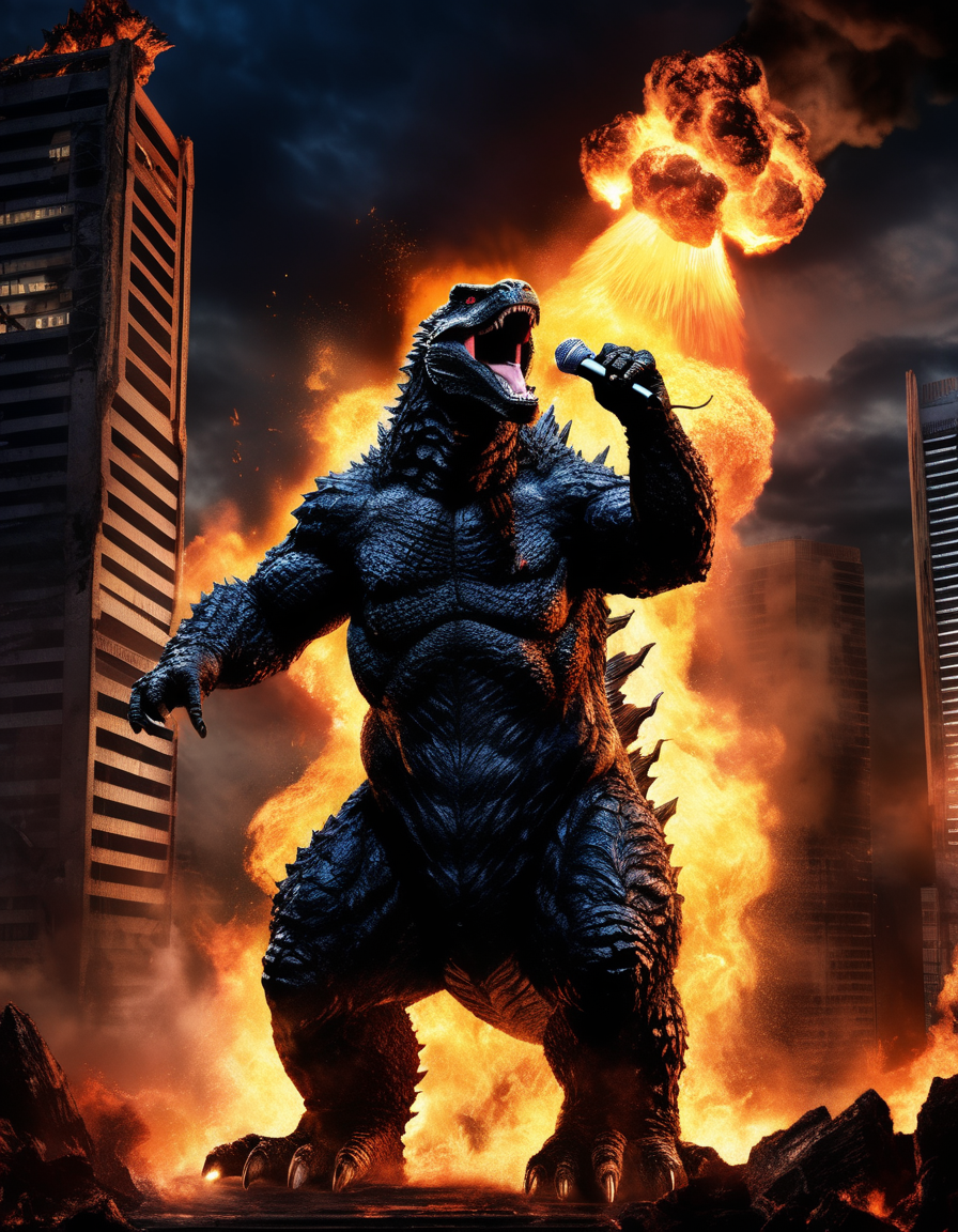 (Godzilla singing Karaoke:1.2),  Mic on flames,  …