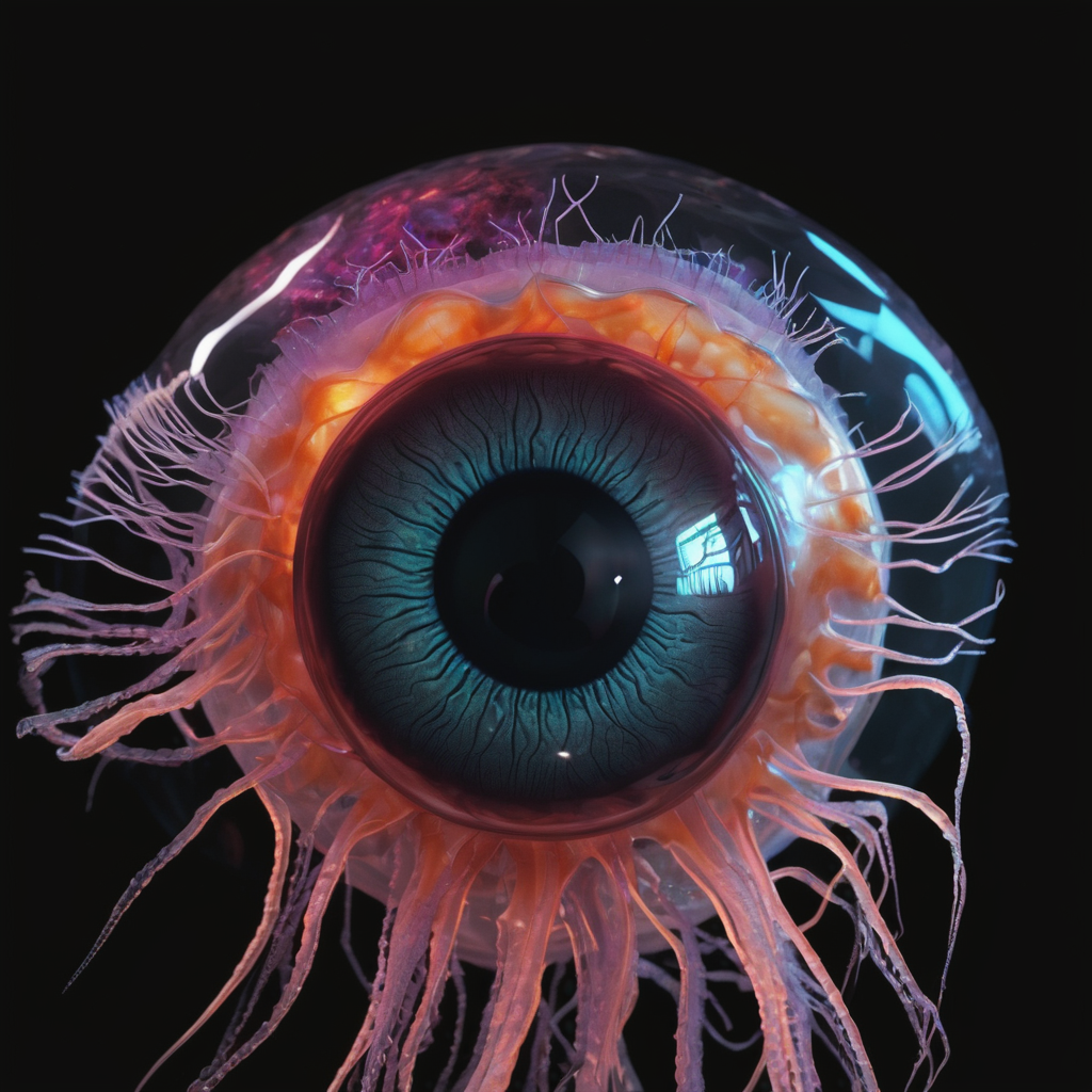 eyeball fused with a neon jellyfish, black backgr…