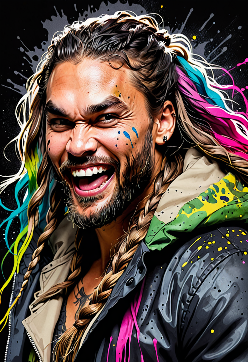 Ink illustration, jason momoa painted on wall wit…