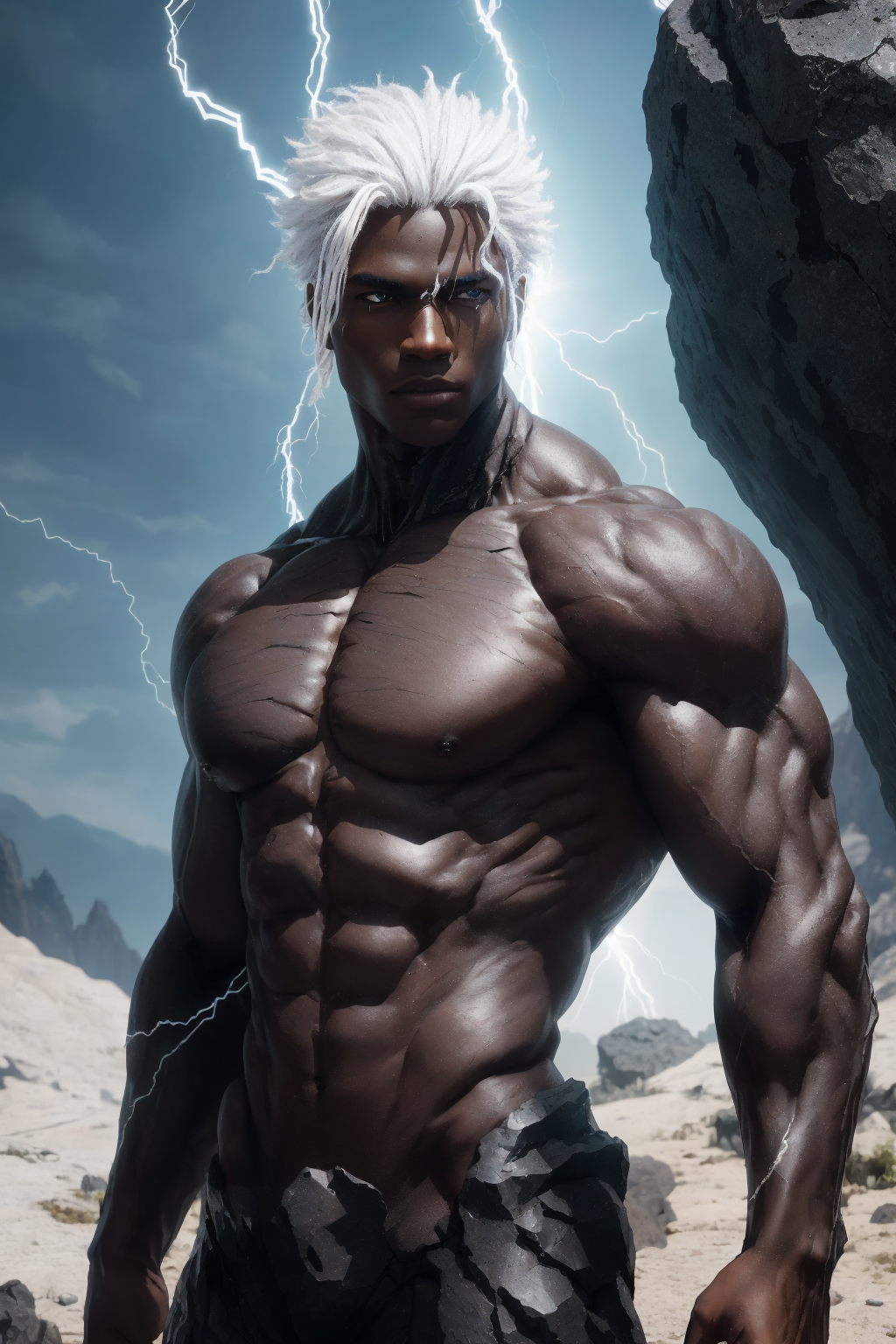 black humanoid made of rock, upper body, bareches…