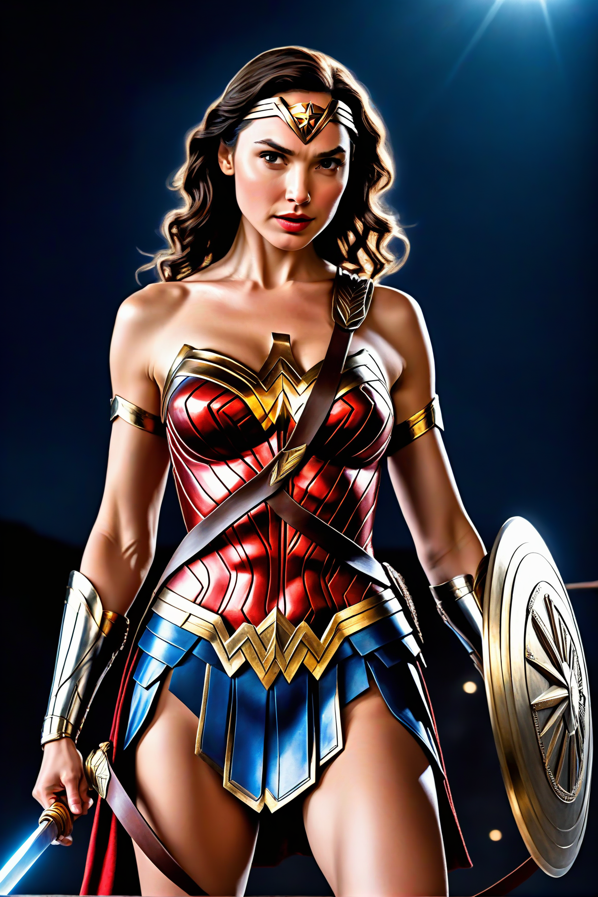 Gal Gadot as Wonder Woman, a golden tiara, bracel…