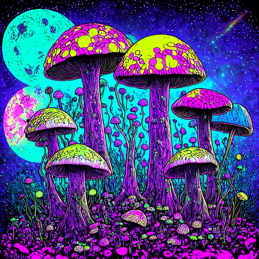 blacklight pain, mushrooms, colorful, single moon…