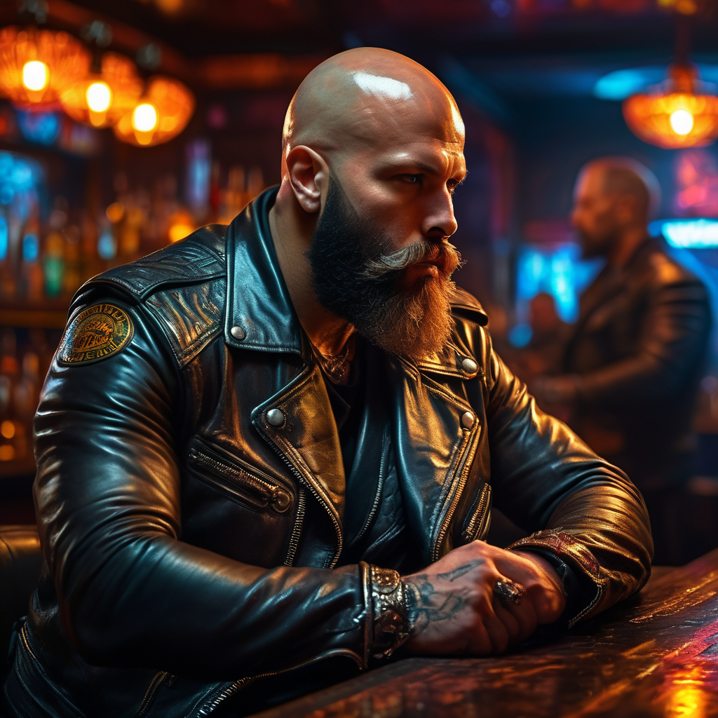 Art of a bald biker, beard, badass, leather jacke…