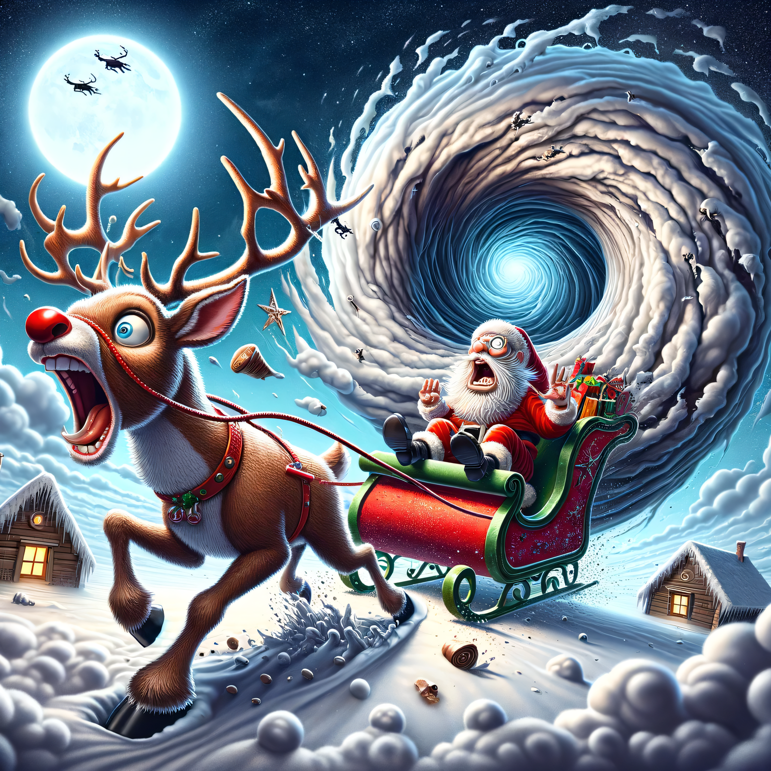 reindeer with screaming Santa on a sleigh getting…