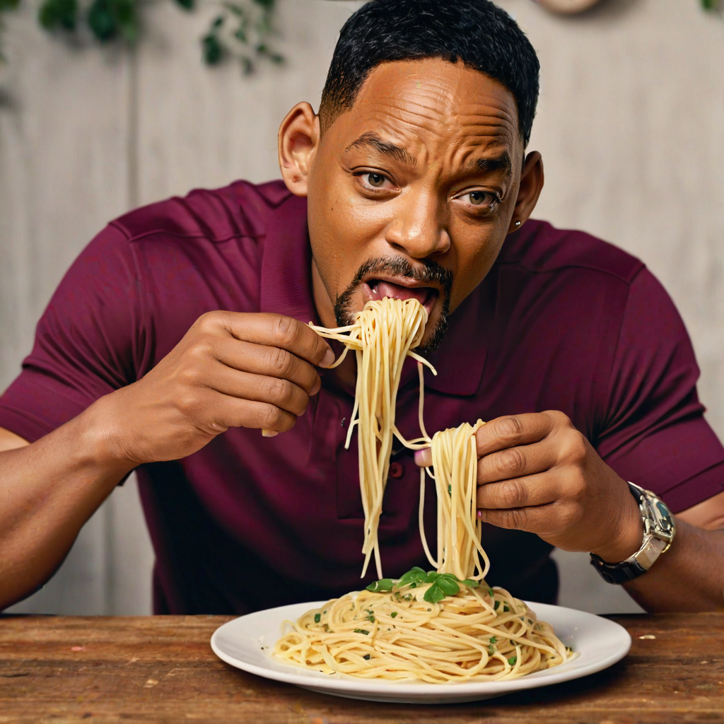 Realistic photo of (Will Smith), eating spaghetti…