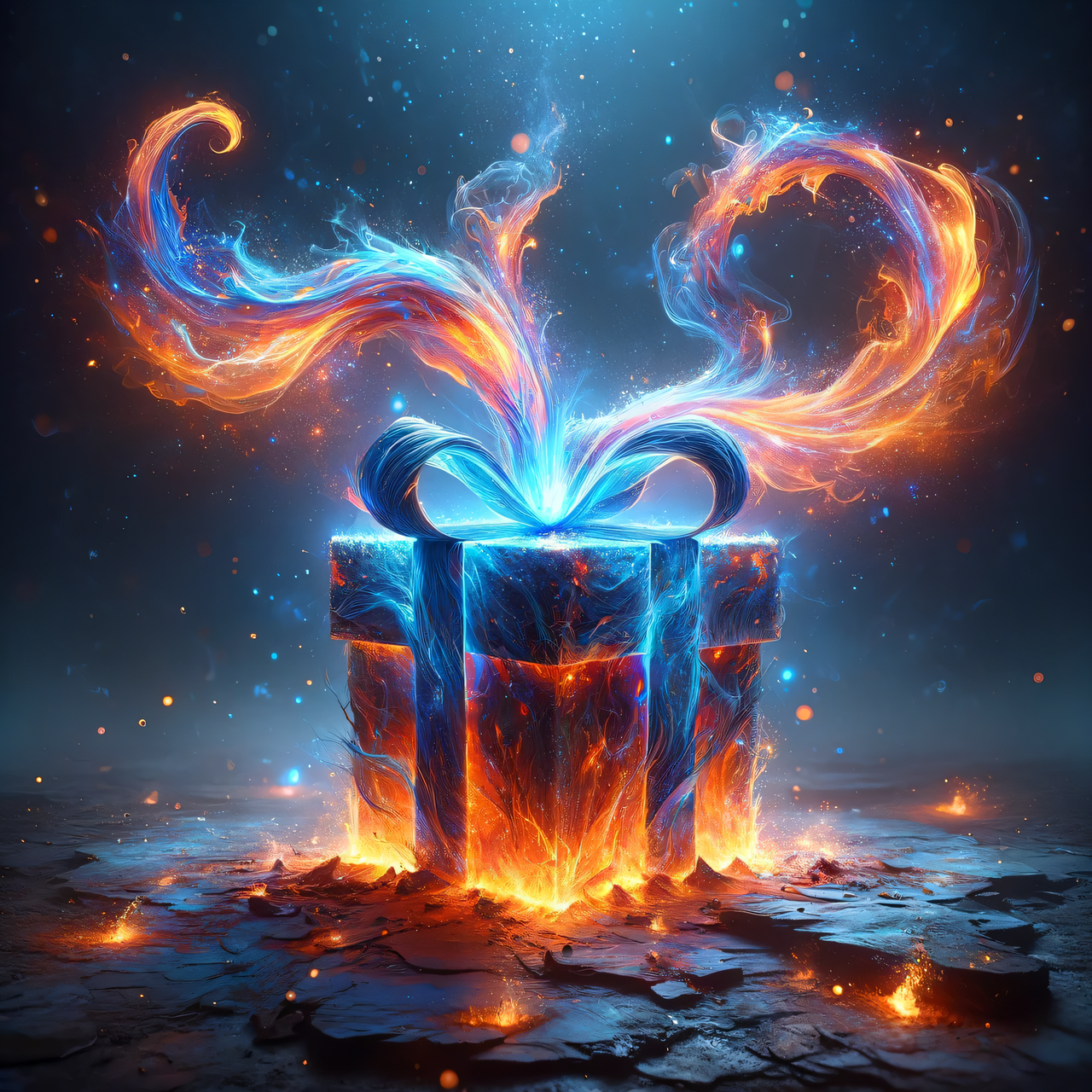 mystical gift box enveloped in vibrant, fiery rib…