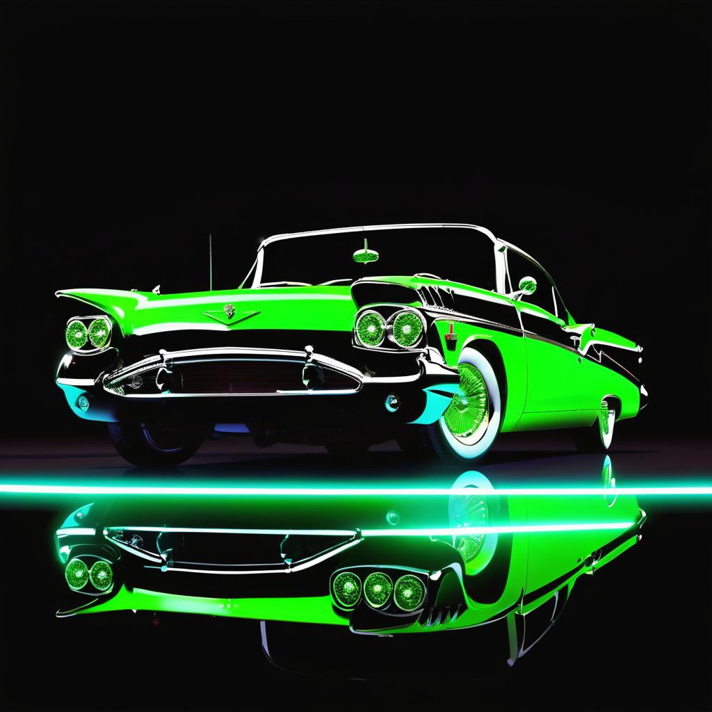 A classic car in a chiaroscuro setting with neon …