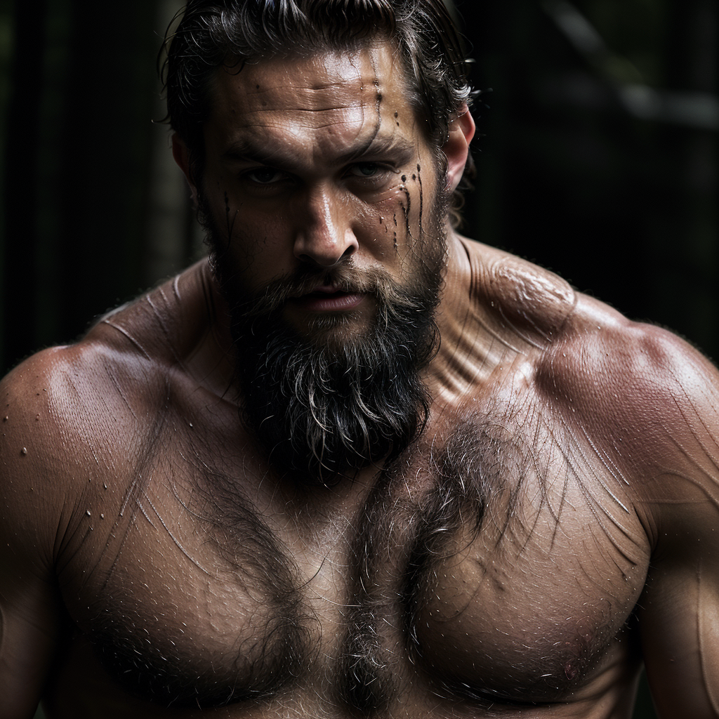 jason momoa as a lumberjack sweating muscles