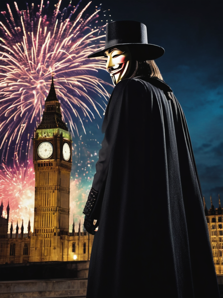 (V for Vendetta wearing his iconic anonymous mask…