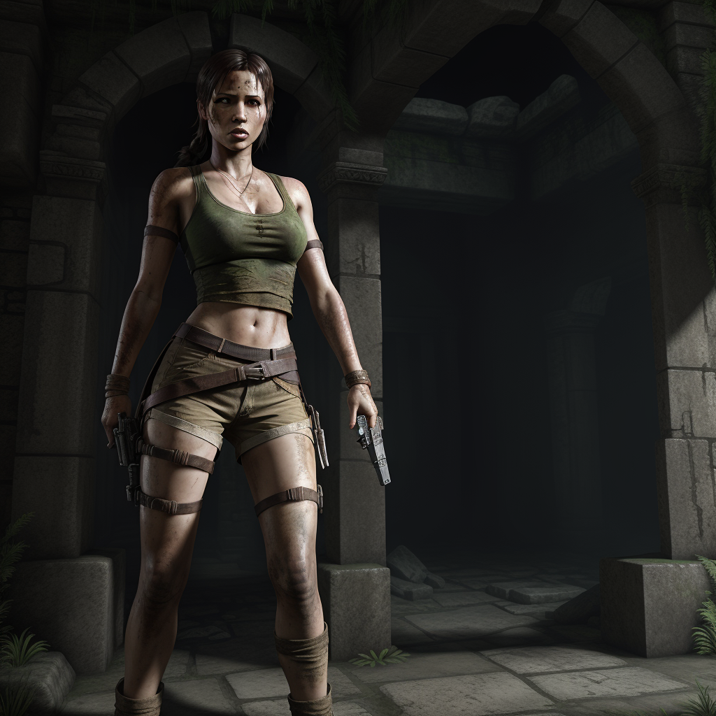 Laura Craft as Tomb Raider in outside a ruine hol…