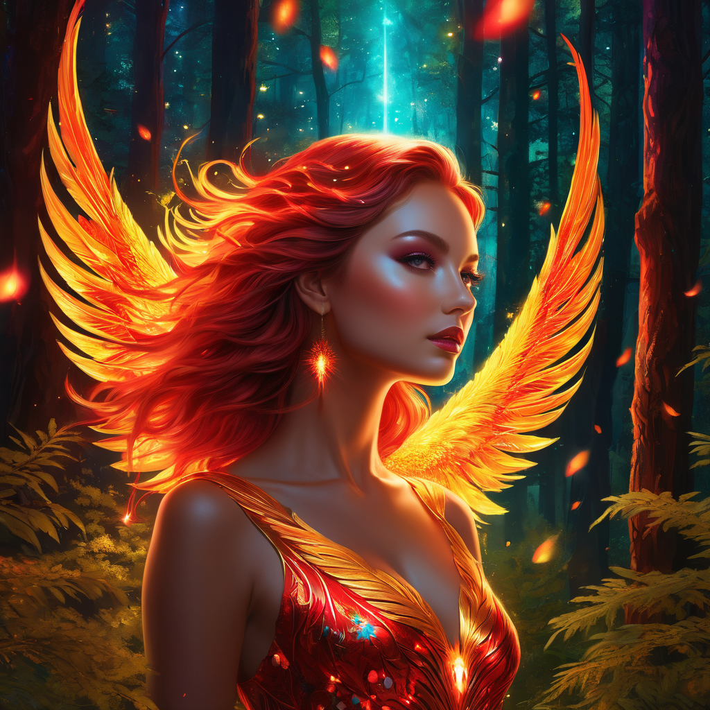 Phoenix, A beautiful girl in a forest, eyes refle…