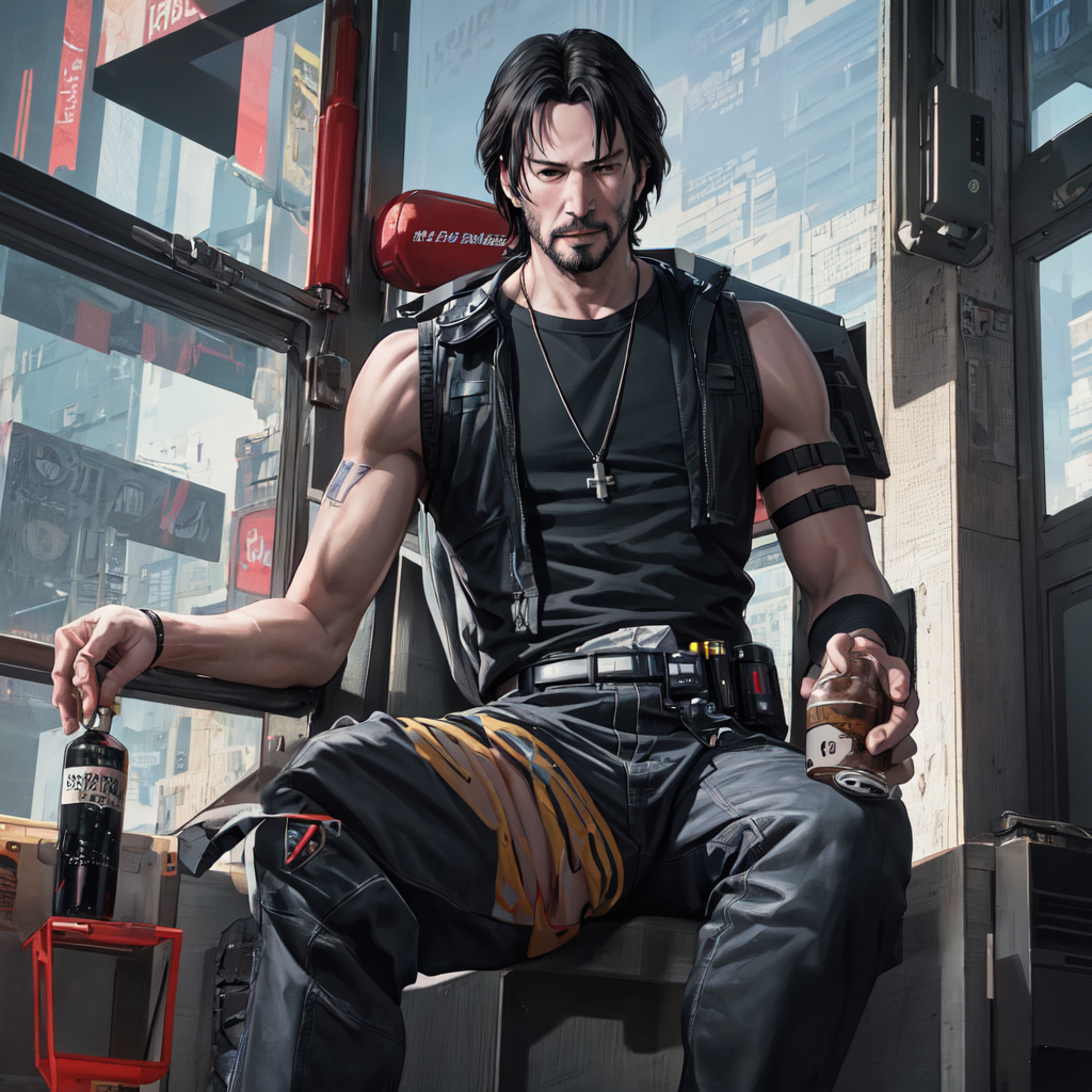 keanu reeves cyberpunk having a drink with a cybo…