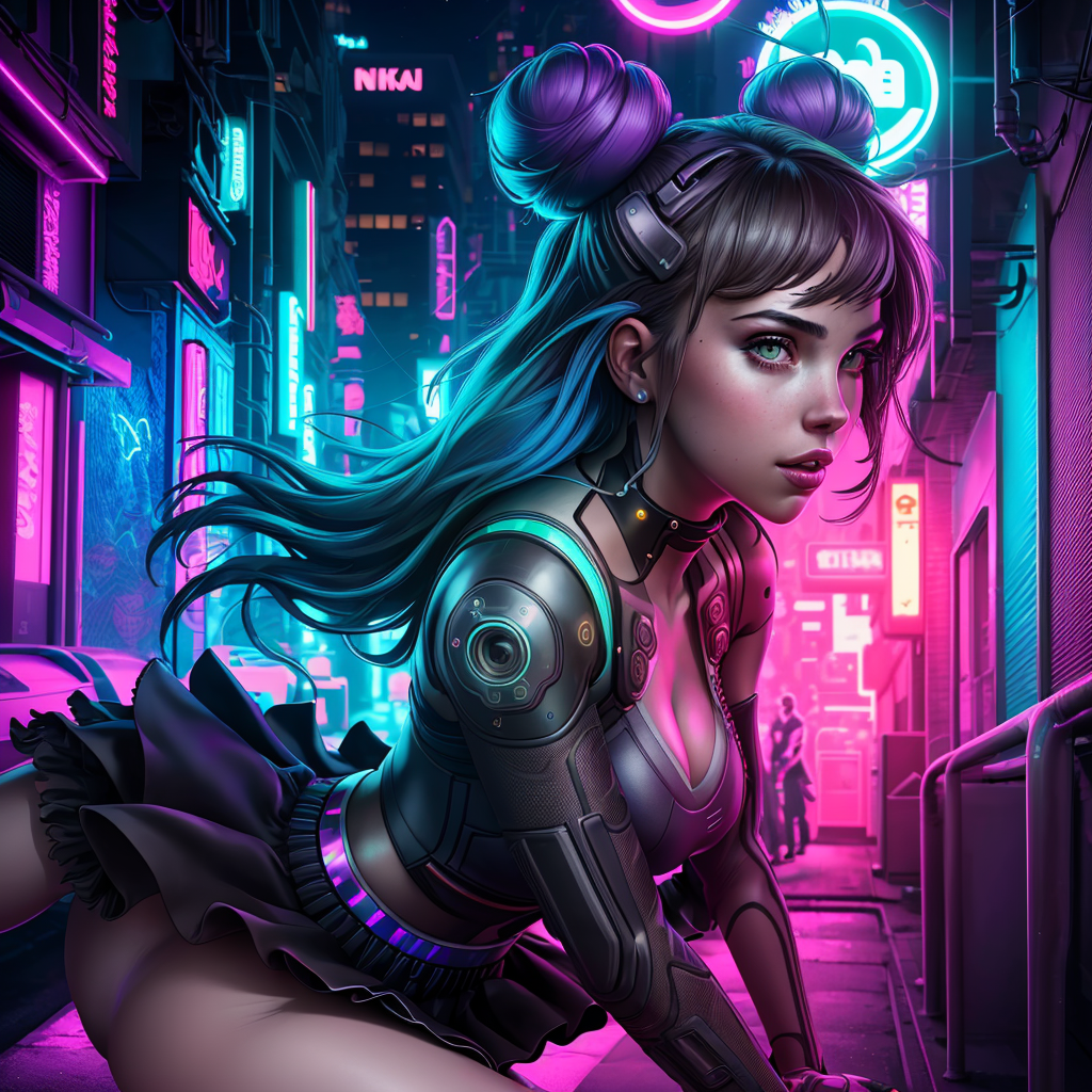 young cute girl cyborg double buns on all fours s…