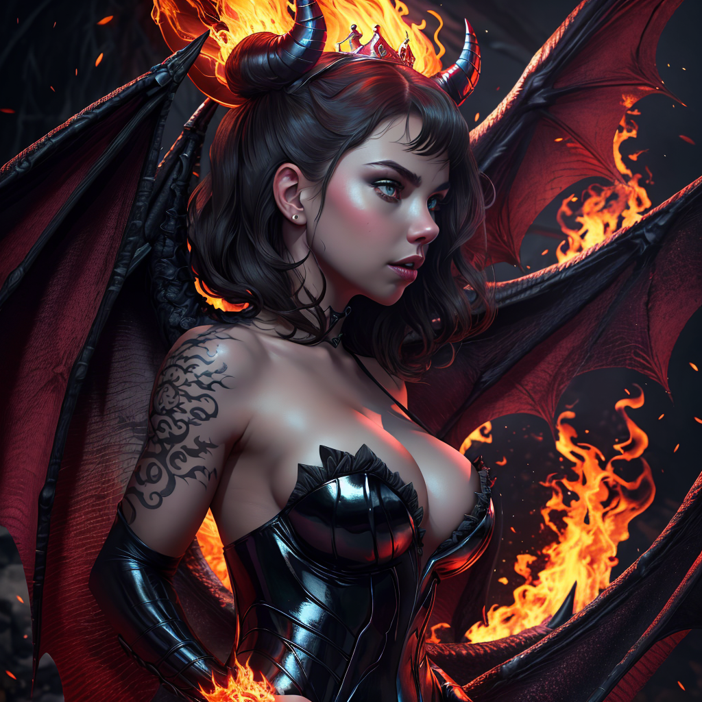 devil wings, fire tiara with horns, shot from the…