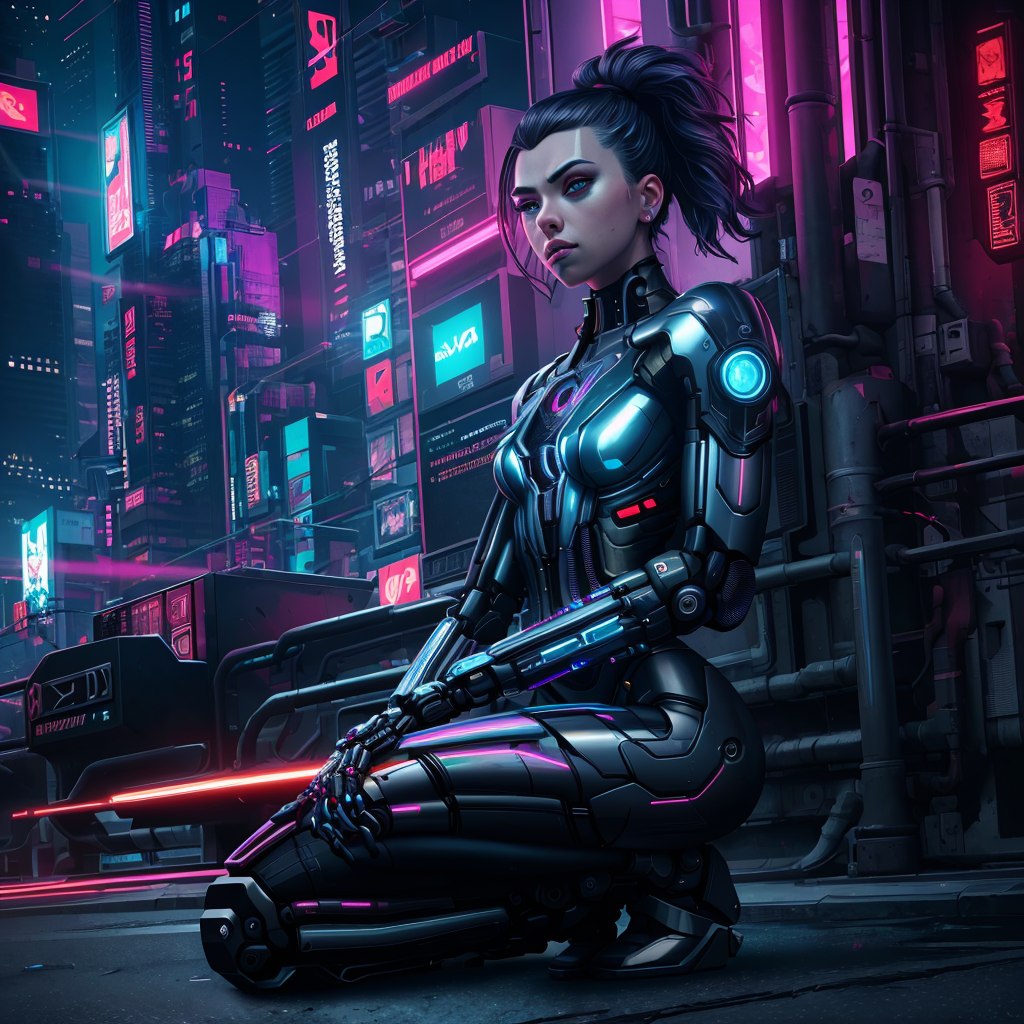 cyberpunk with an arm injured in pain on her knee…