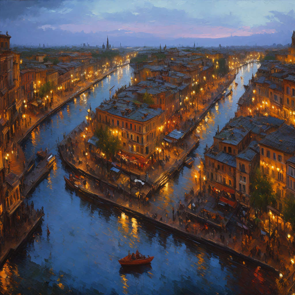 Italy 1930 drone view oil painting summer night t…