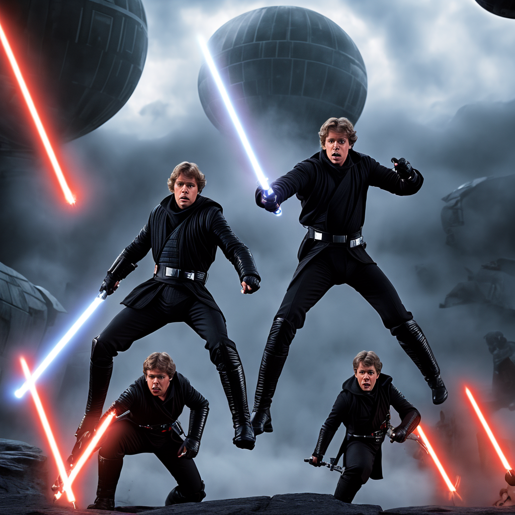 Luke Skywalk in a lightsaber fight with Dark Vader
