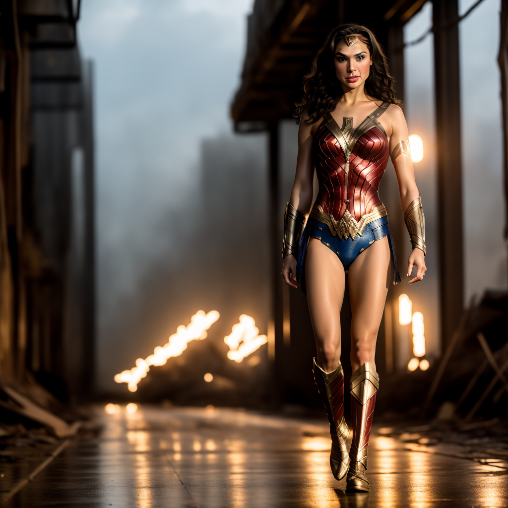 gal gadot wonder woman walking out of an abonded …