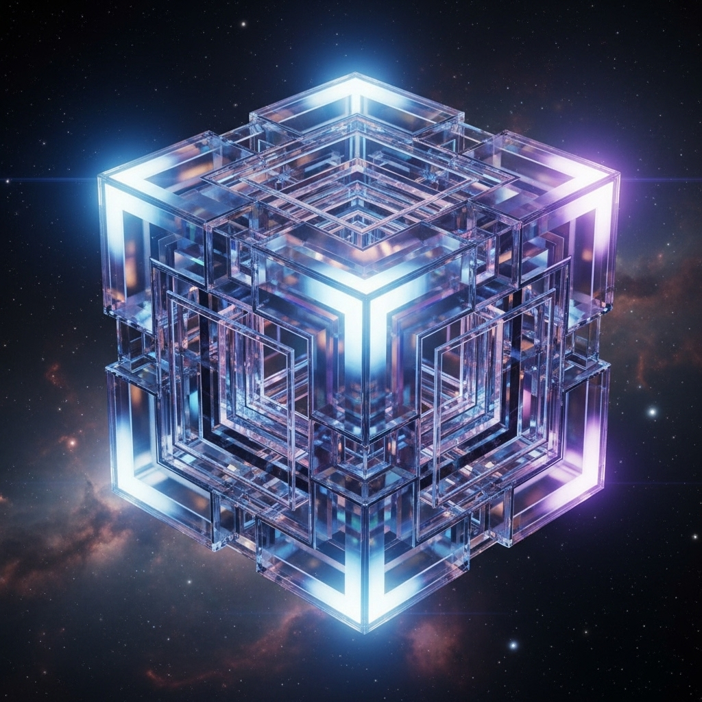 A hyper-realistic, translucent tesseract (4D cube) hovering in the center of a cosmic void, its interlocking cubes refractin…
