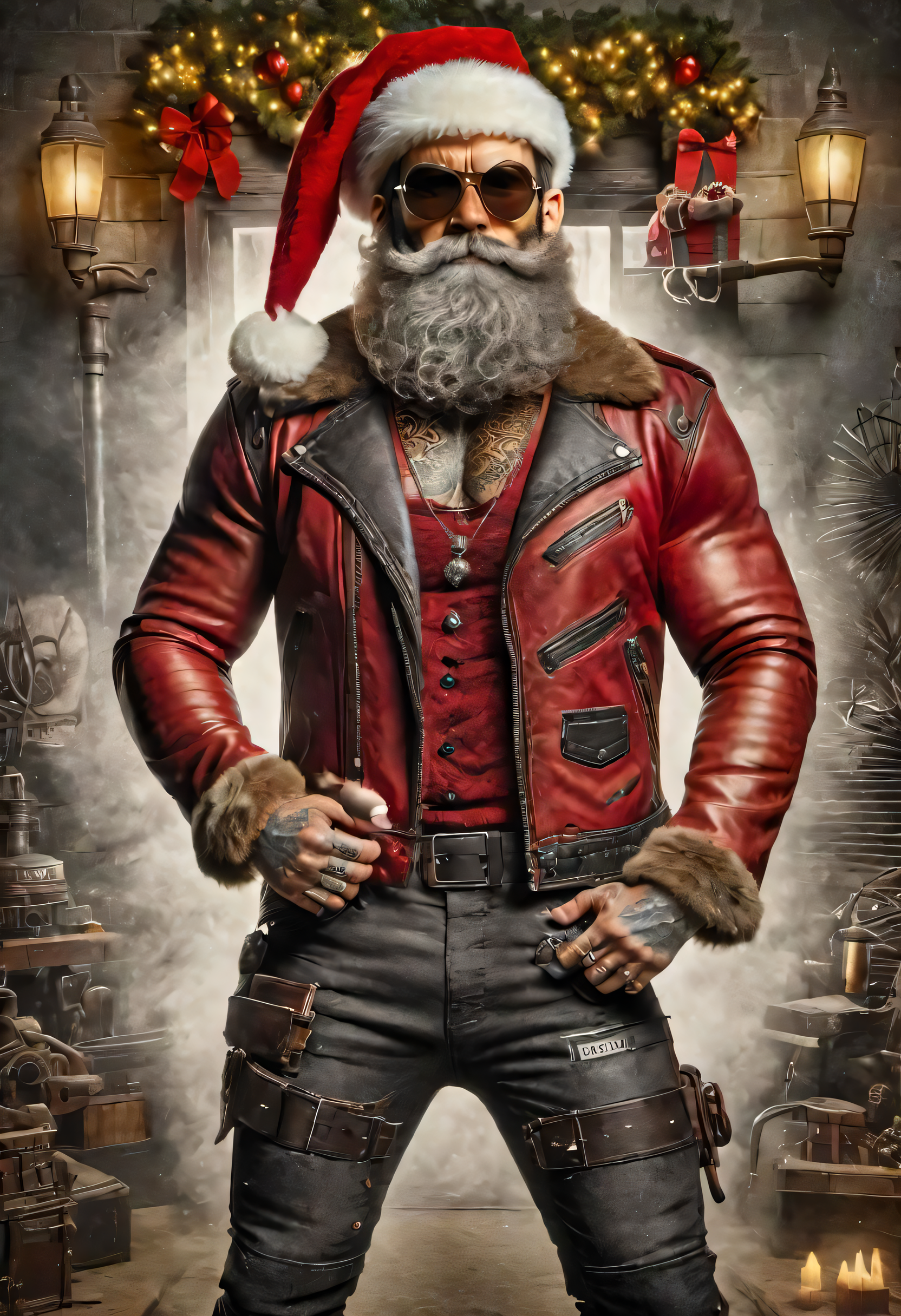 modern, hard, tattooed Santa Claus in a stylish l…