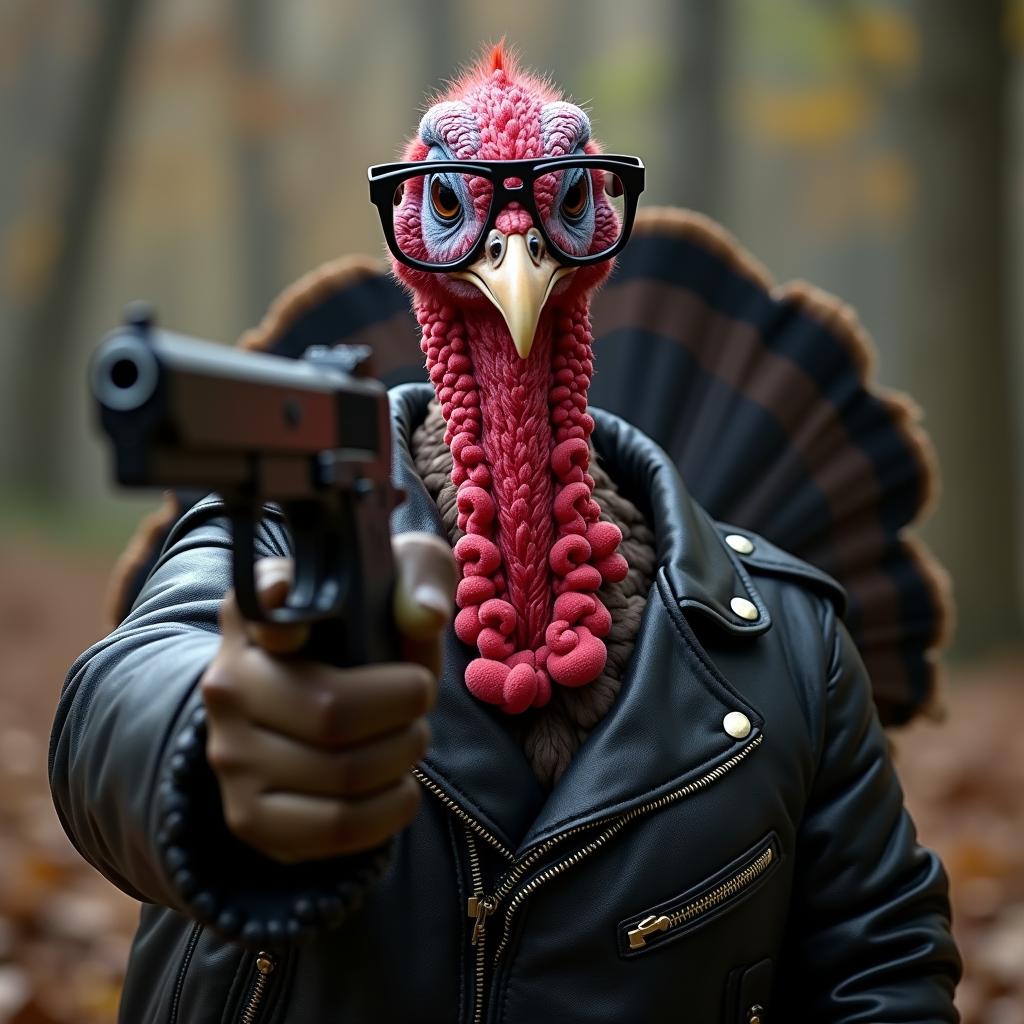 A turkey with a black leather jacket holding a gu…