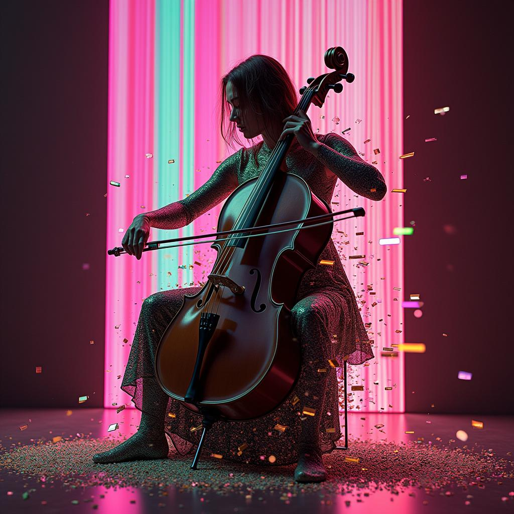 photoreal cello on stage, body fracturing into neon pink, emerald, and gold glitch echoes, bow dissolving into pixel blocks …