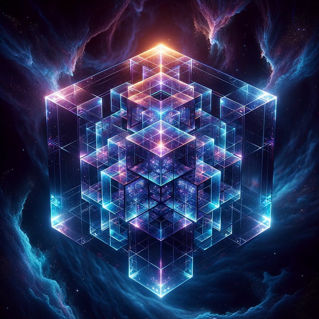 A hyper-realistic, translucent tesseract (4D cube) hovering in the center of a cosmic void, its interlocking cubes refractin…