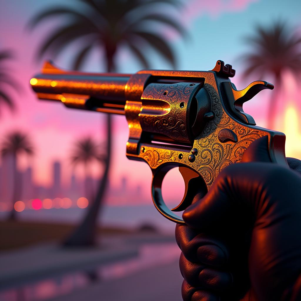 A hyper-realistic close-up shot of a hand gripping an ornately engraved revolver, the polished metal shimmering like liquid …