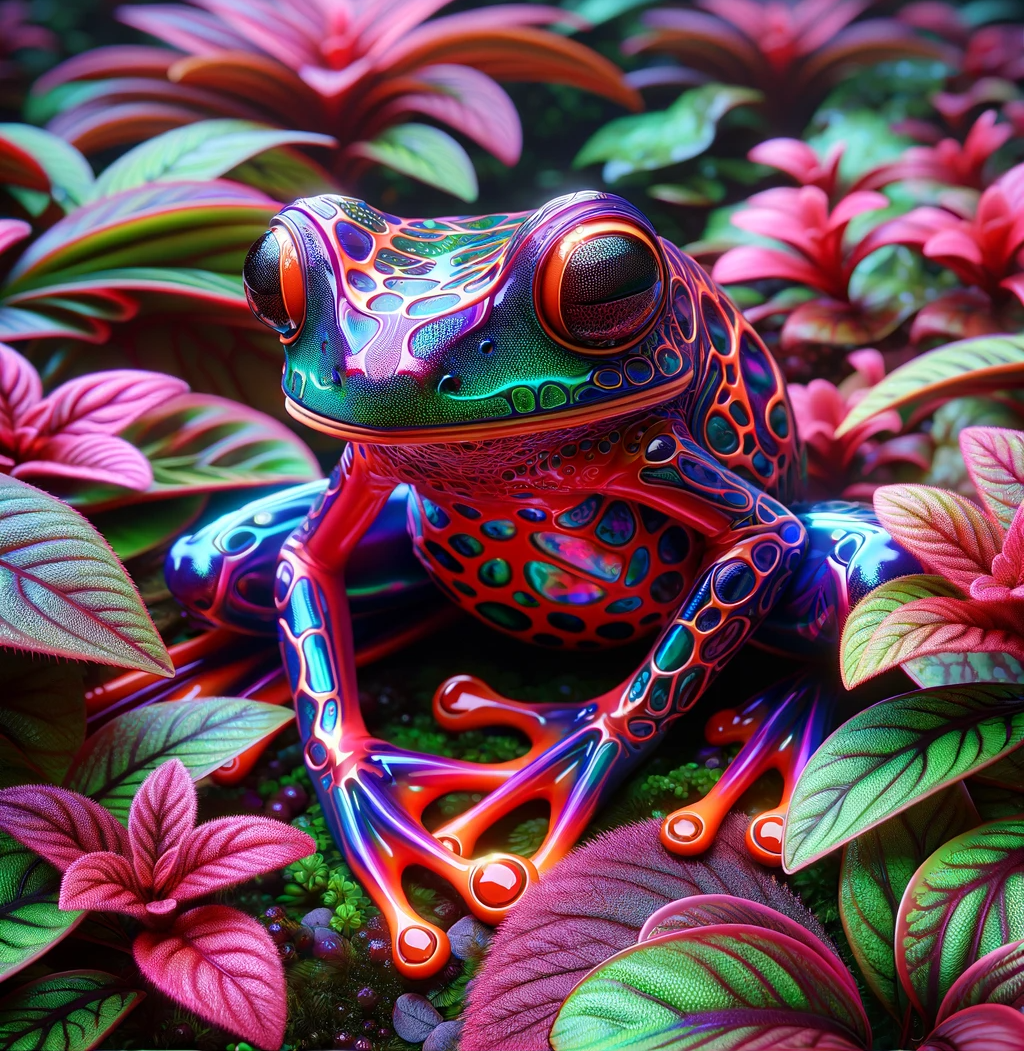 Create a highly detailed image of a stylized frog…