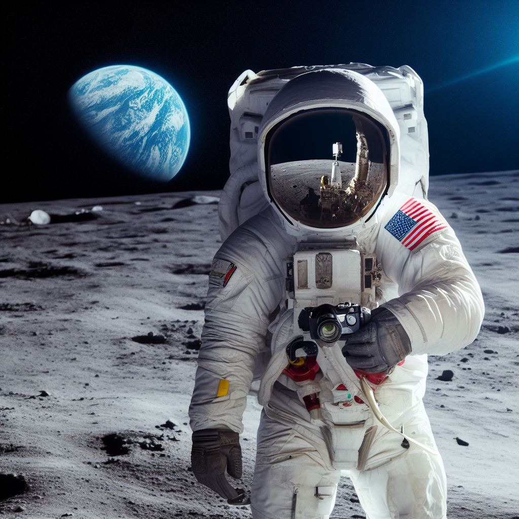 space suite man moon seeing Earth