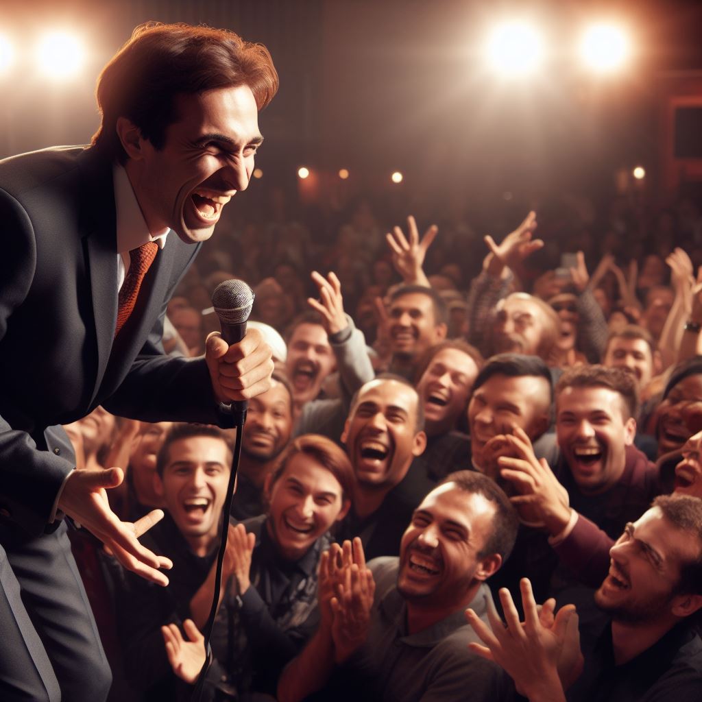 Stand up comedian sitting crowding laughing