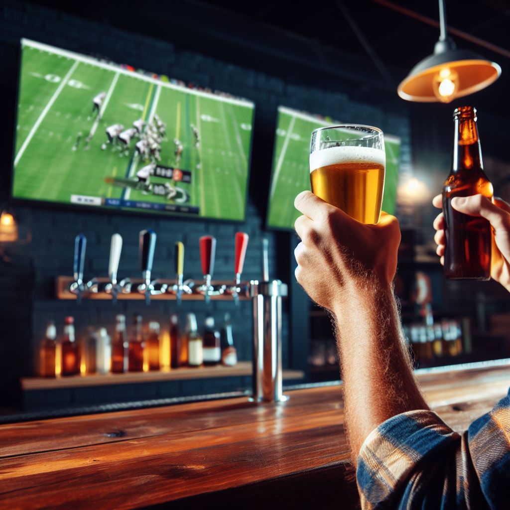 drinking beer at a bar watching NFL