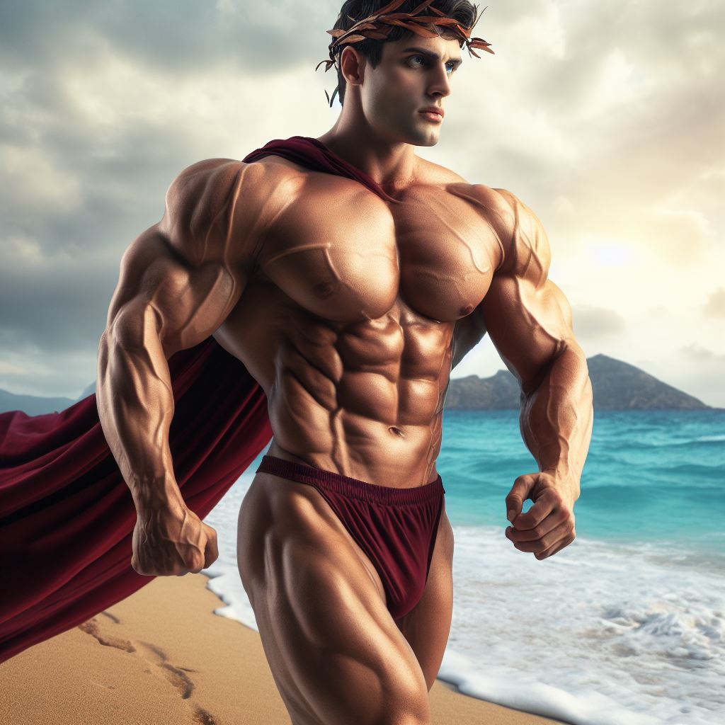 muscular greek god walking down a beach