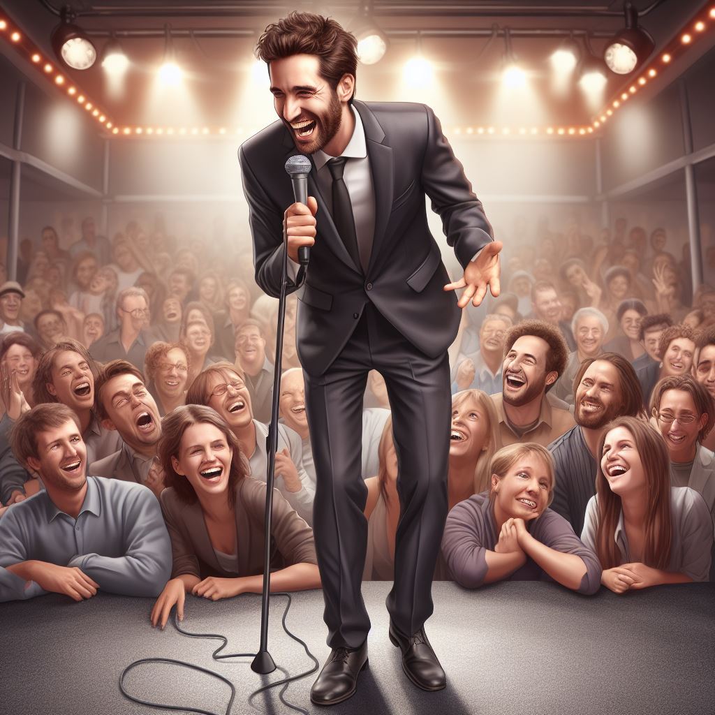 Stand-up Comedian with a seated crowd laughing