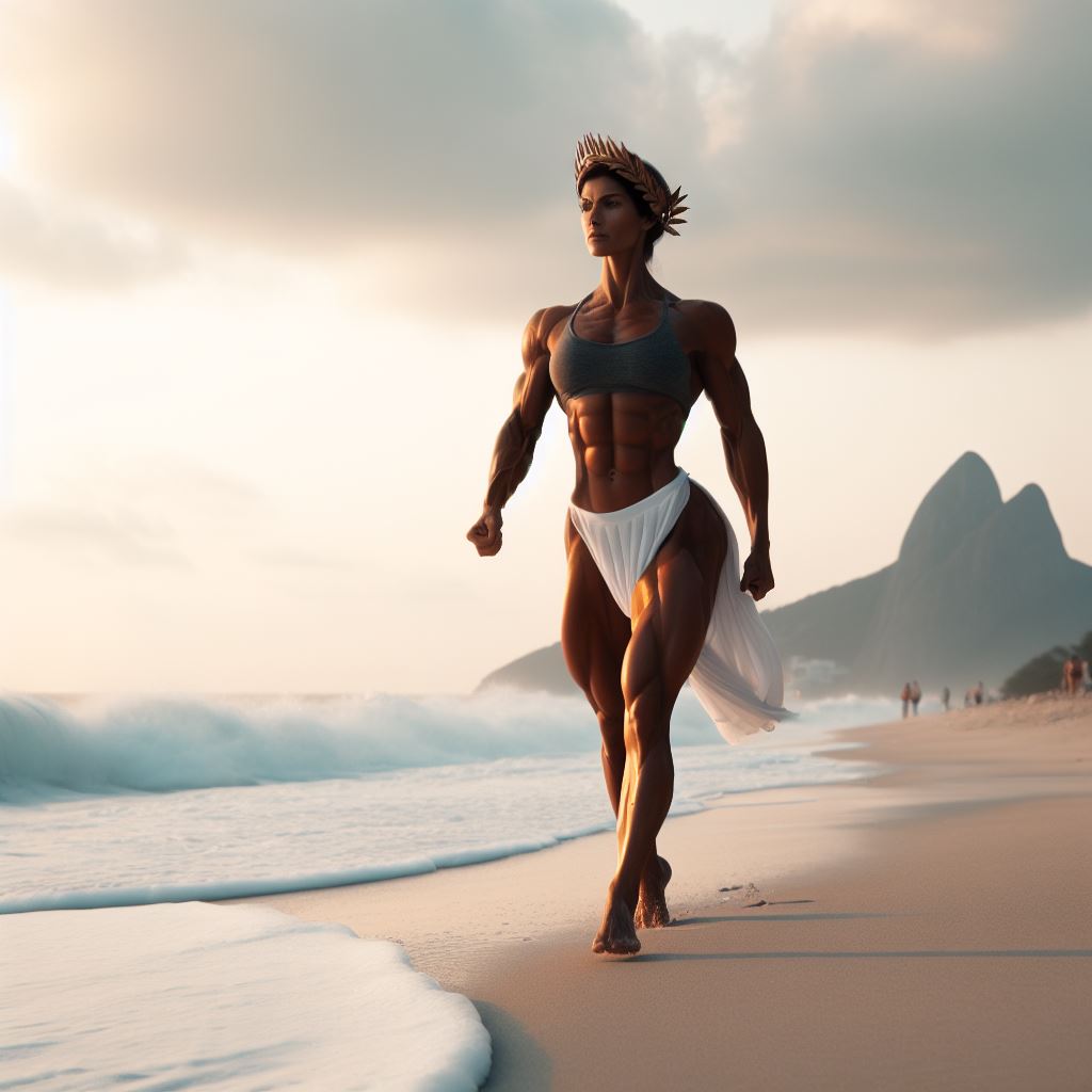 fit female Greek goddess walking down a beach