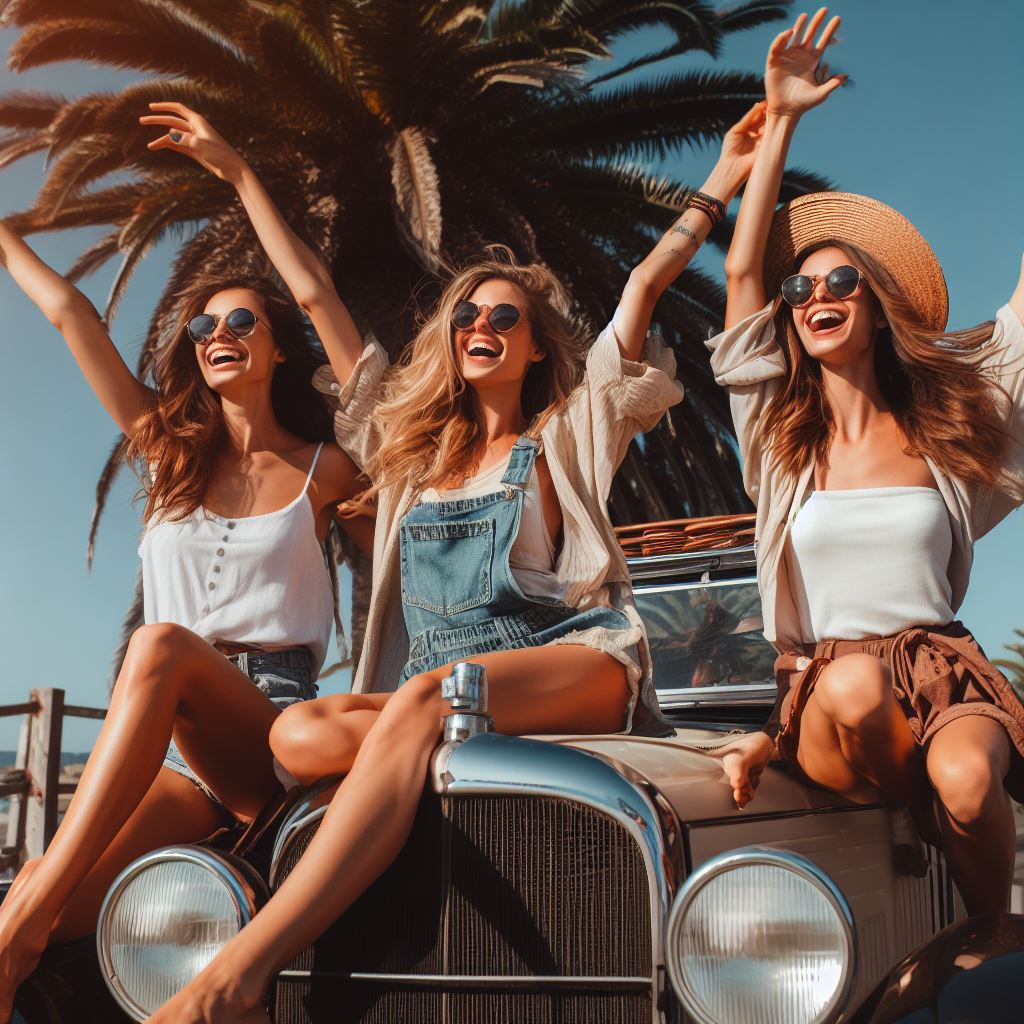 women on the hood of a car