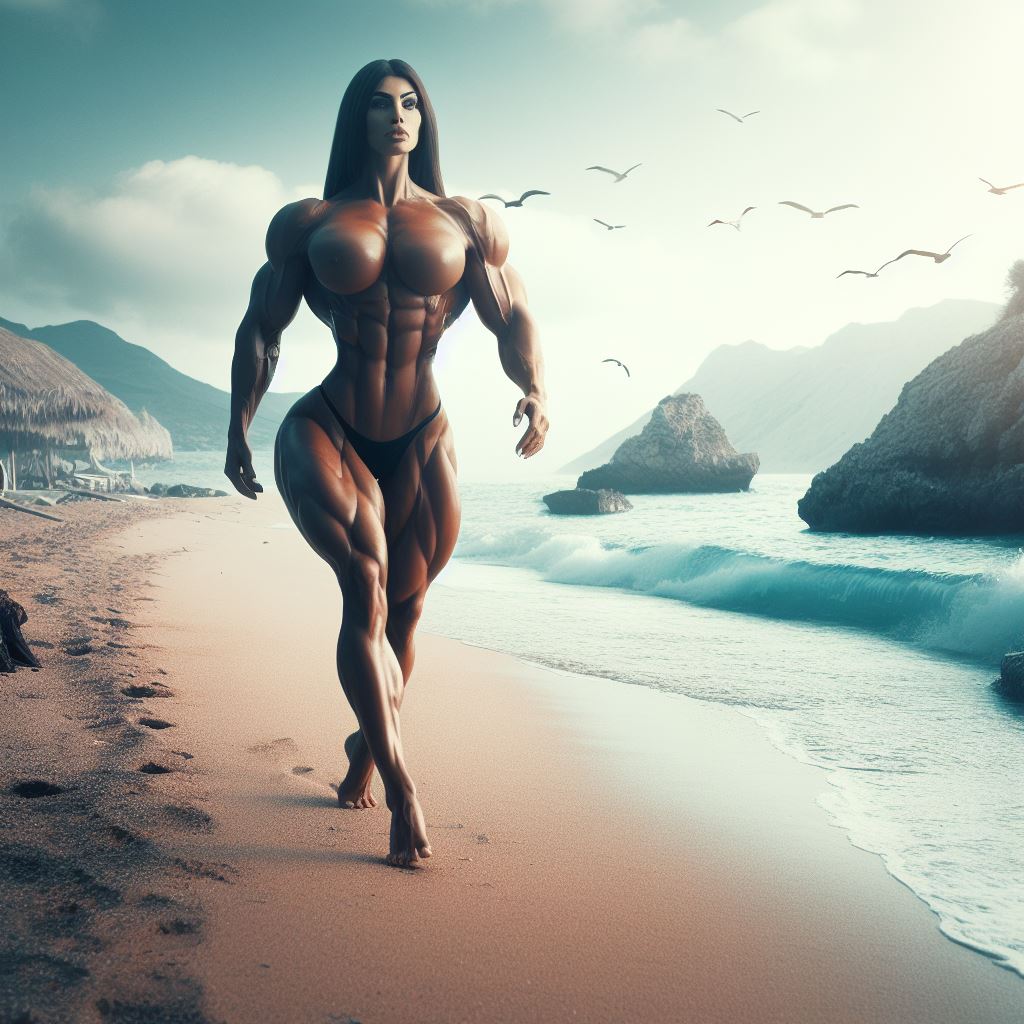 muscular fit female Greek goddess walking down a beach