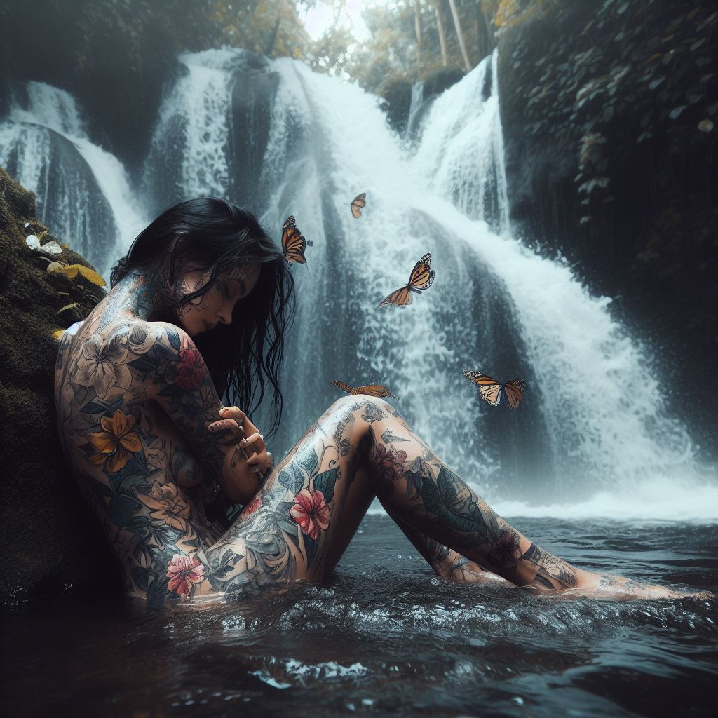 woman bathing waterfall tattoo