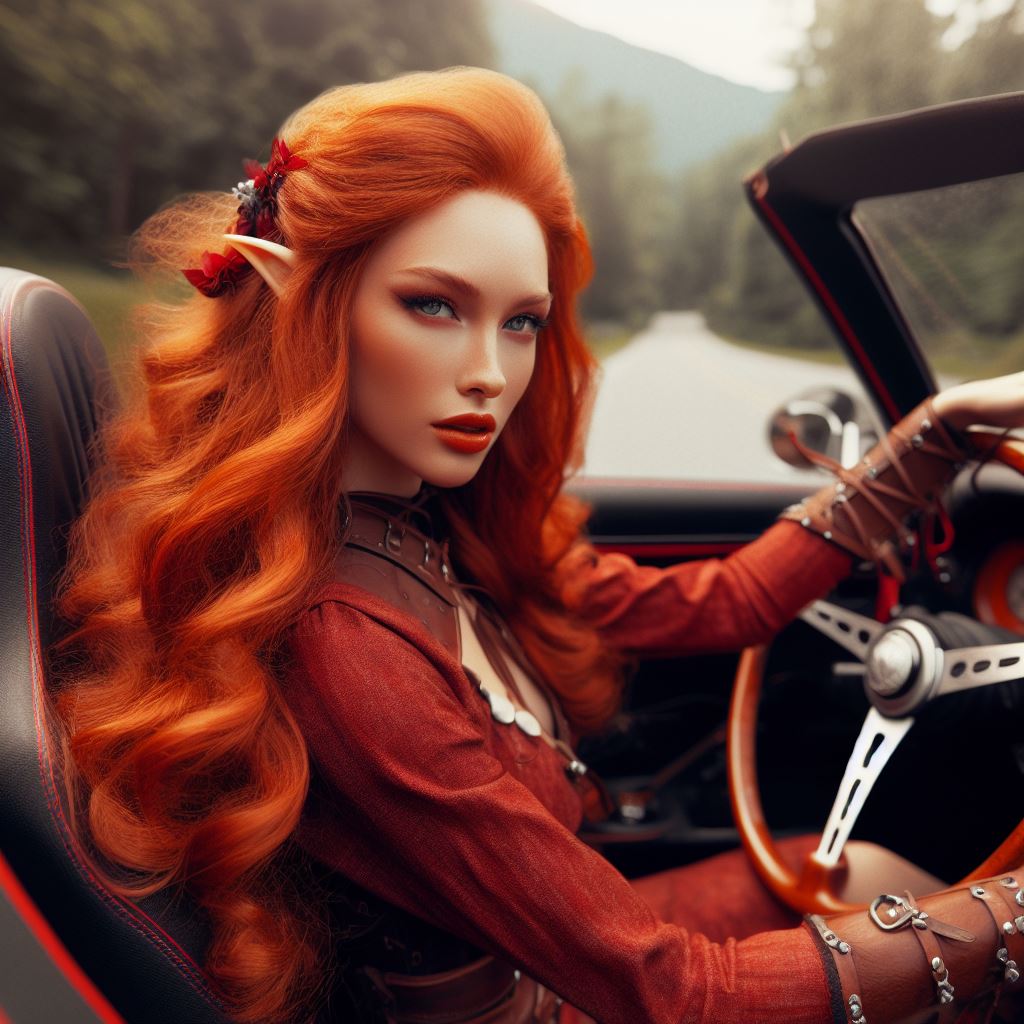 elven women with red hair driving a convertible