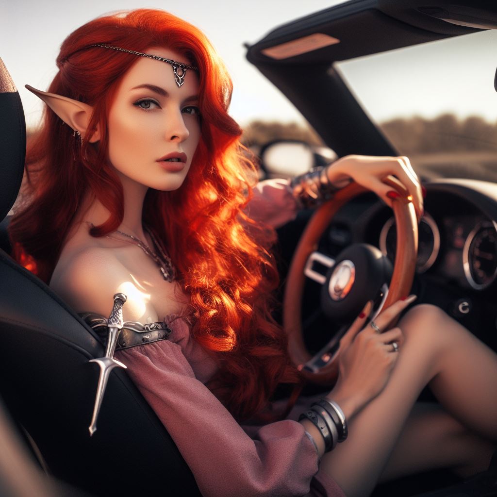 elven women with red hair driving a convertible