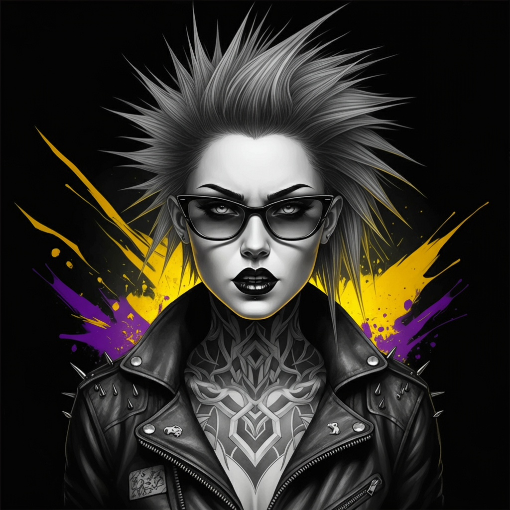 A highly detailed black-and-white pencil drawing in a punk-gothic style. A fierce-looking woman with jagged, spiked hair fan…