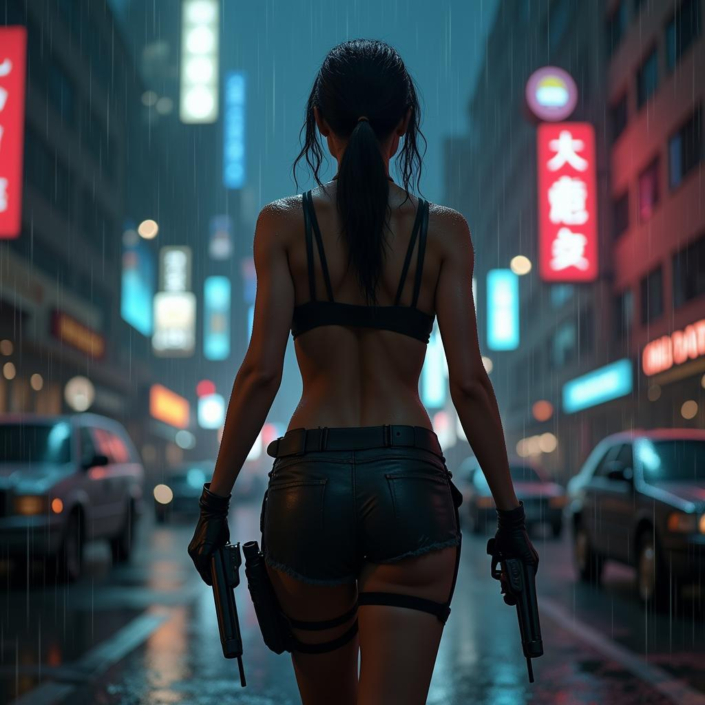 Lara Croft, walking through city streets, an night, moonlight, neon signs, raining, storm, raindrops, award winning,(8k, RAW…