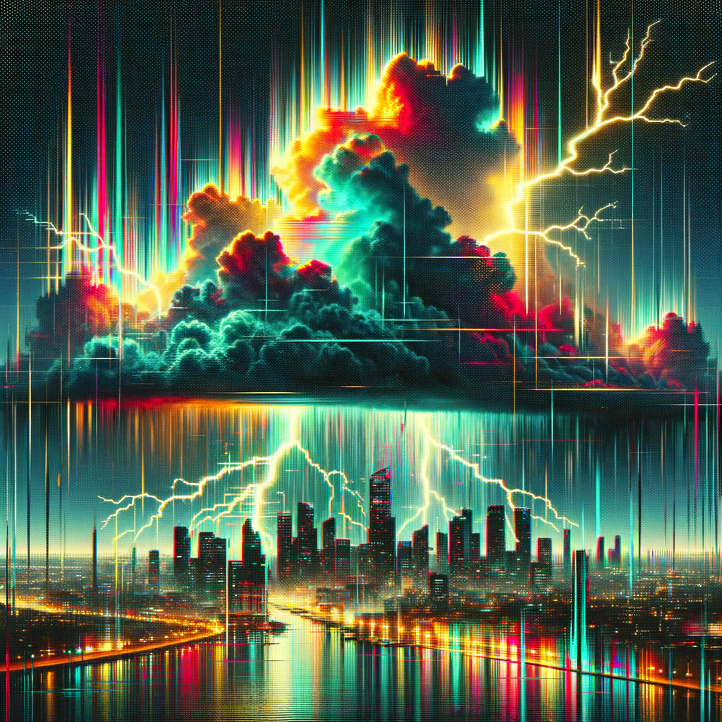 storm cloud over city, lightning fracturing into glitch echoes of neon red, teal, and golden yellow, raindrops dissolving in…