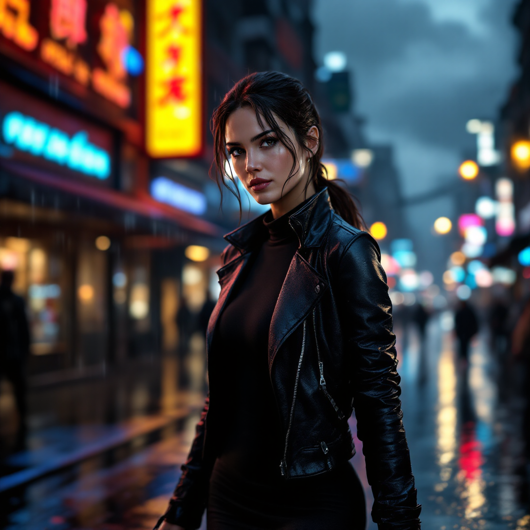 Lara Croft, walking through city streets, an night, moonlight, neon signs, raining, storm, raindrops, award winning,(8k, RAW…