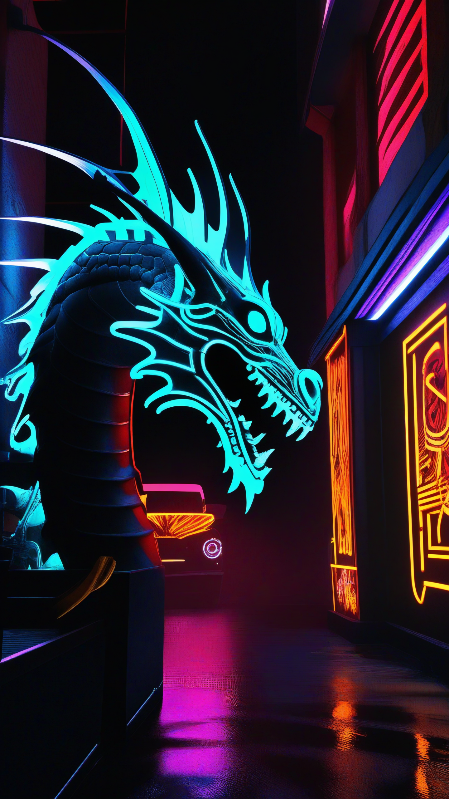 Neon noir dragon skeleton, fangs, looking at view…