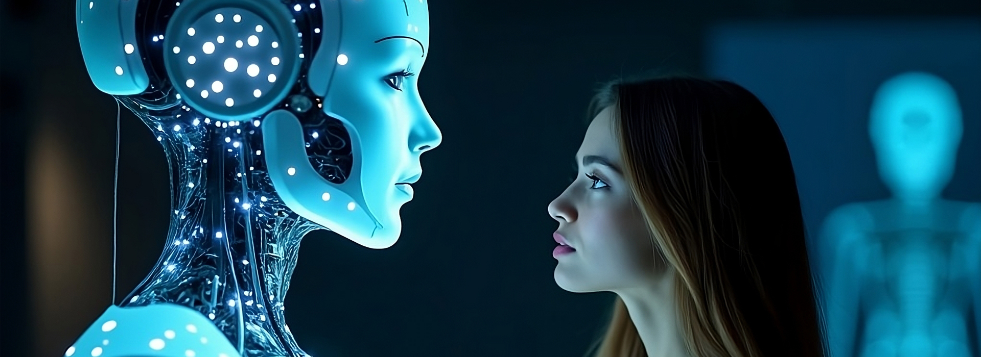 Woman gazing into AI Robot